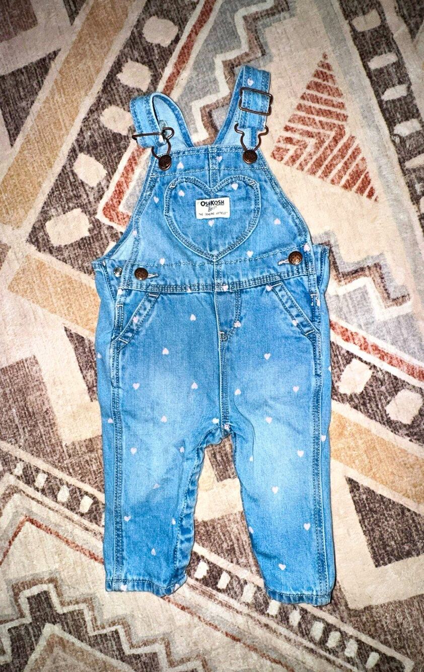 OshKosh B'gosh Girls Denim Heart Print Overalls 12-18M